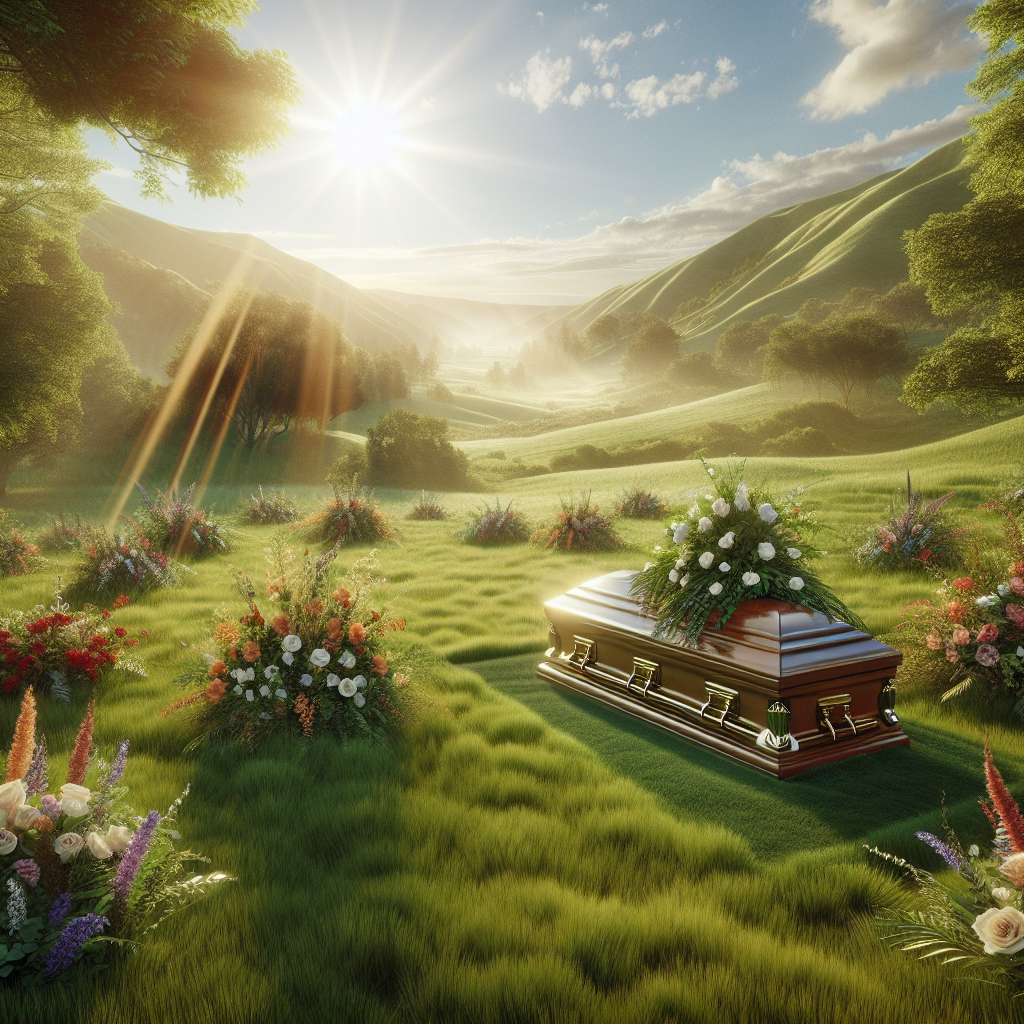 A serene outdoor funeral service setting with a wooden casket and flowers.