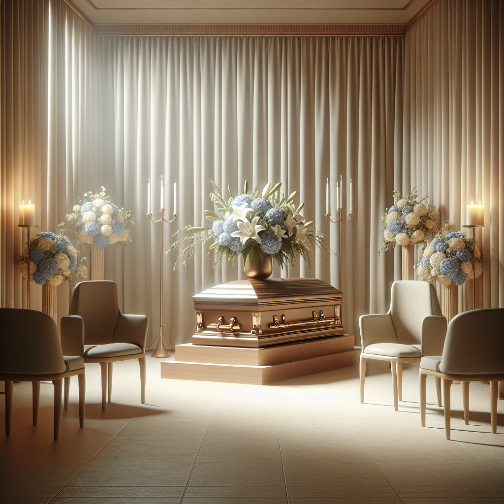 A serene indoor funeral service setting featuring a wooden casket and floral arrangement.