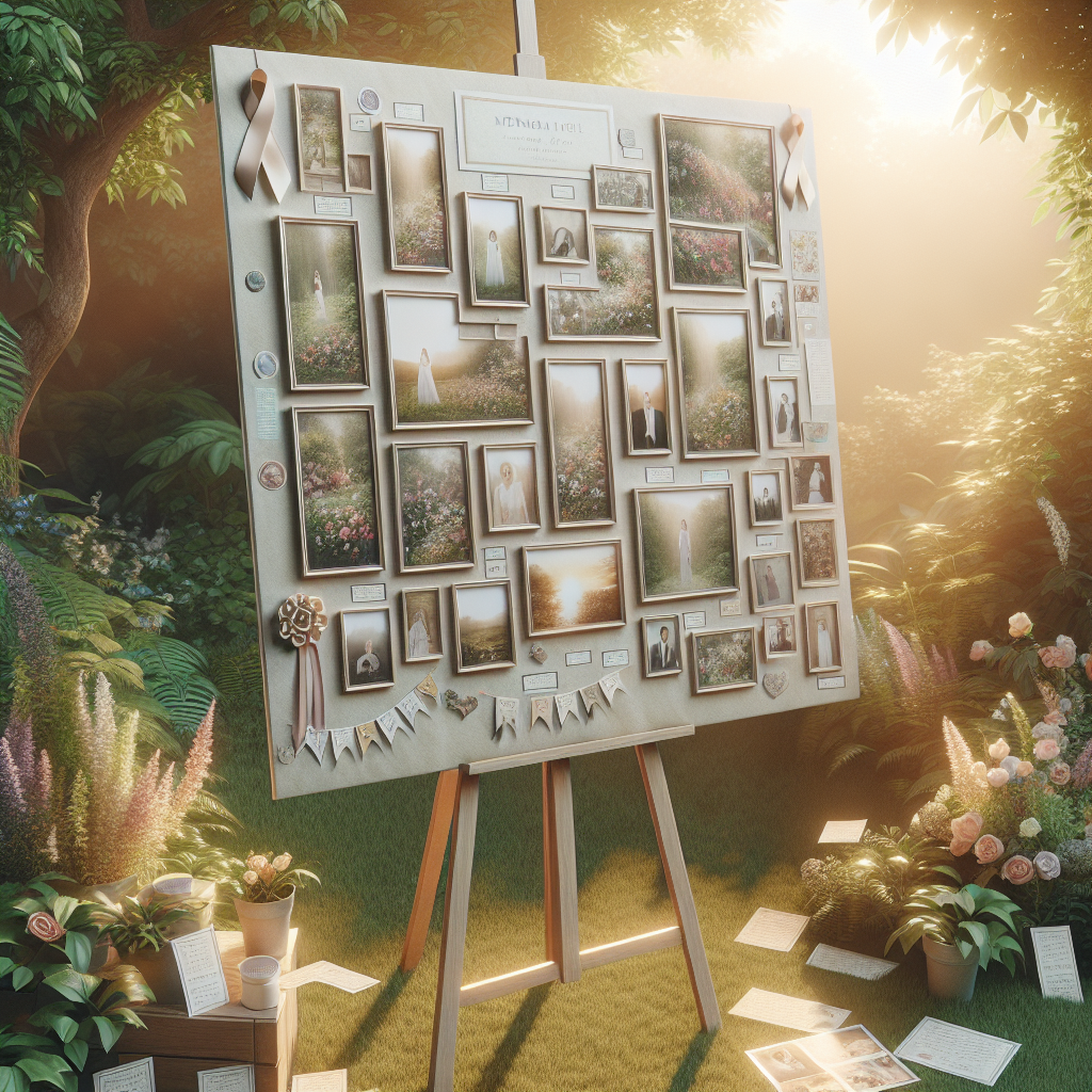 A memorial poster board with photos and decorative elements displayed in a serene garden setting.