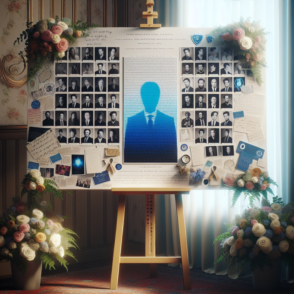 A beautifully arranged memorial poster board with photographs and personal notes.