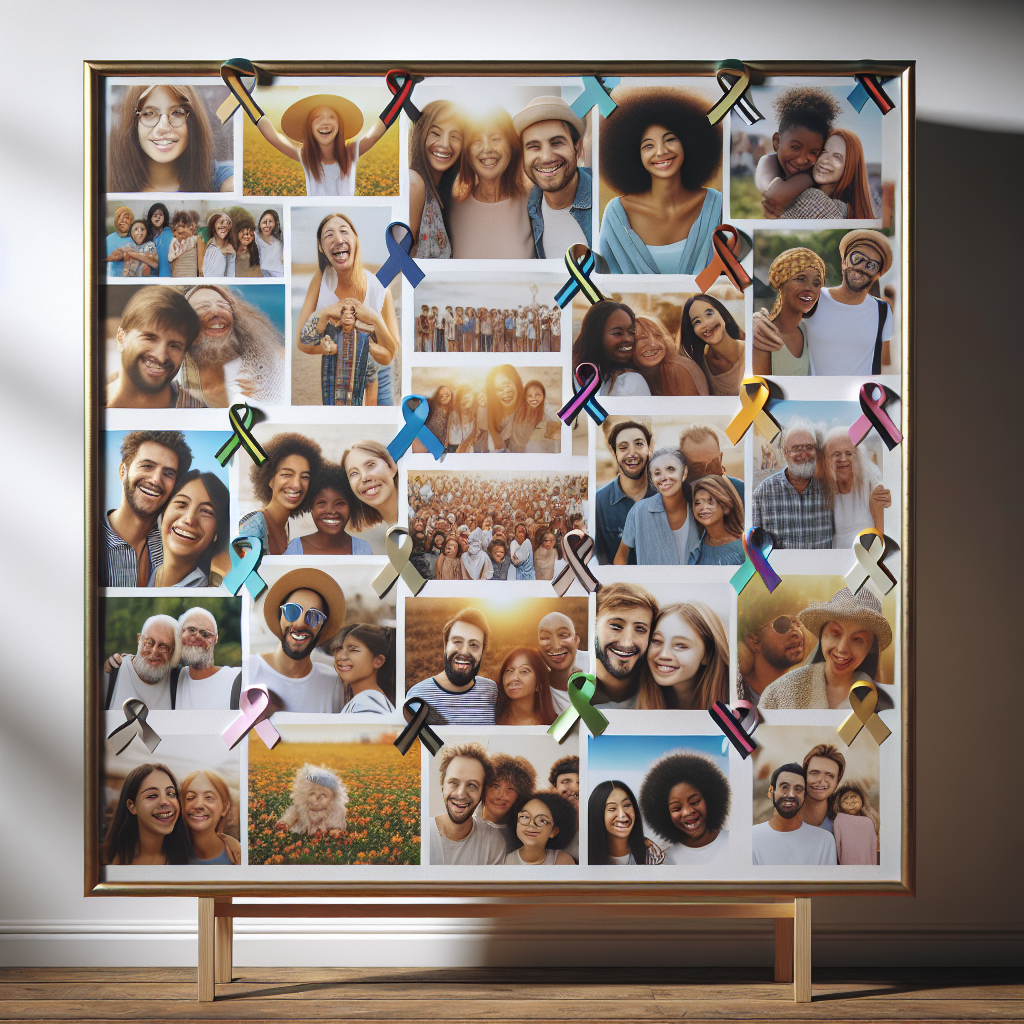 A memorial poster board with photographs and decorations, capturing memories.