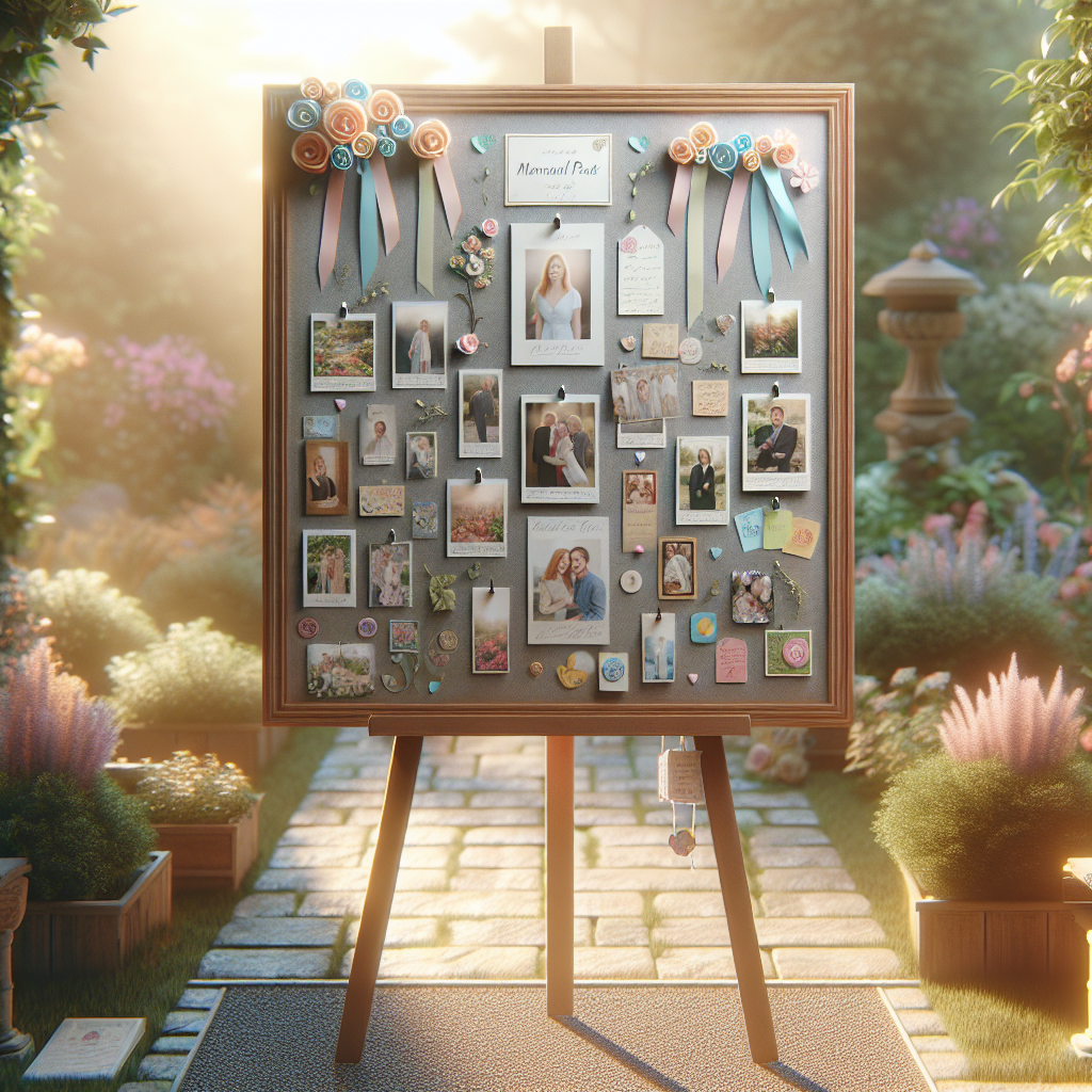 A memorial poster board displayed outdoors, adorned with photographs and decorative elements.