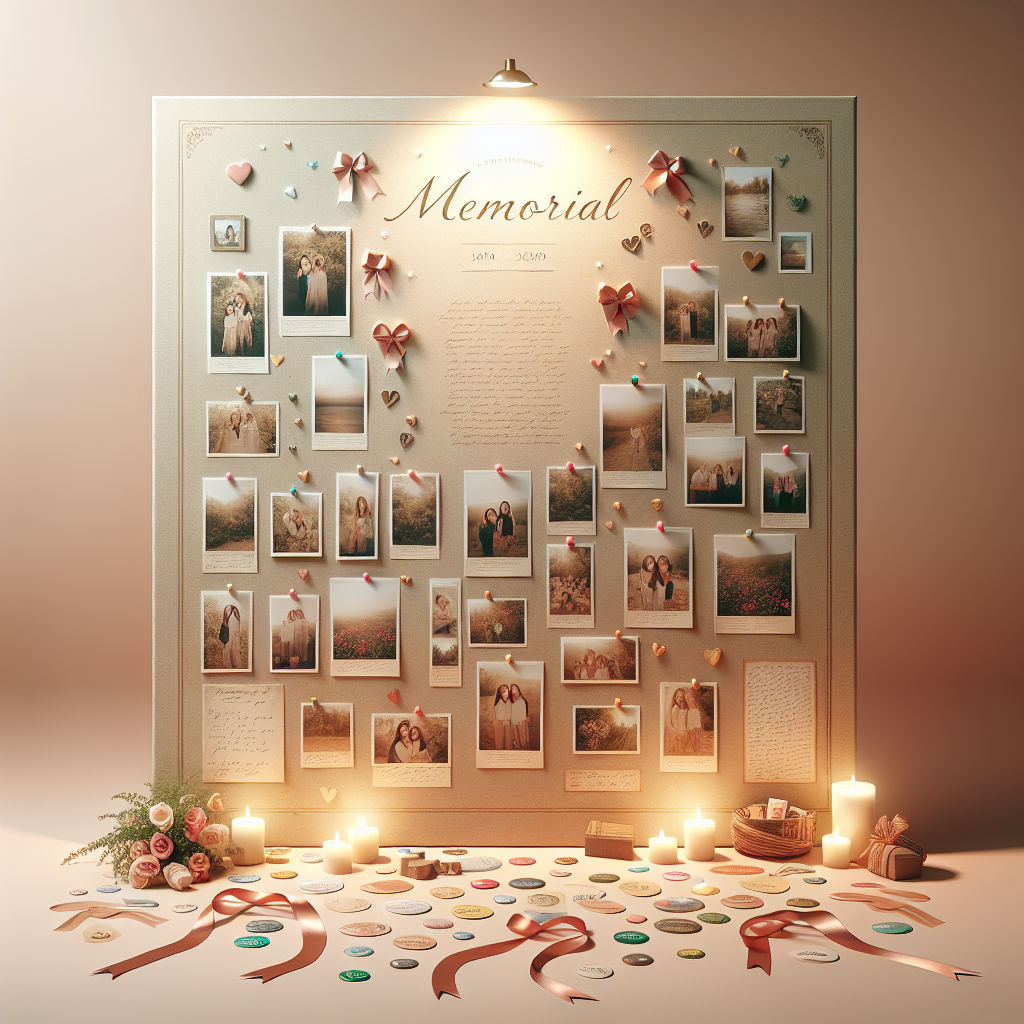 A memorial poster board display featuring photographs, decorations, and handwritten notes.