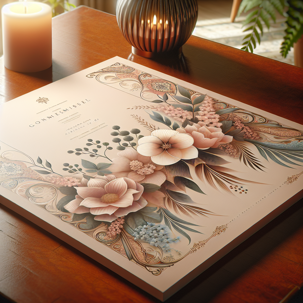 A beautifully designed funeral program on a wooden table.