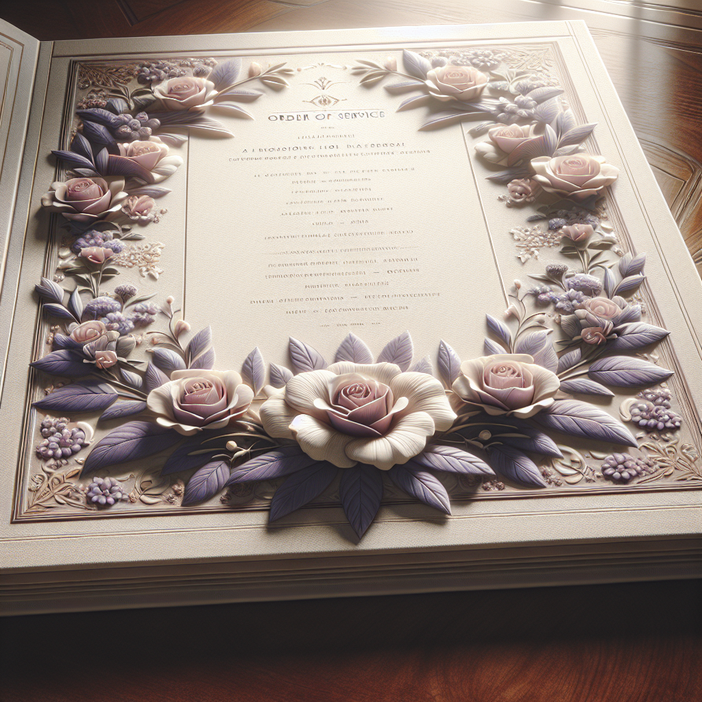 An open funeral program on a wooden table, designed with a floral border and muted colors.