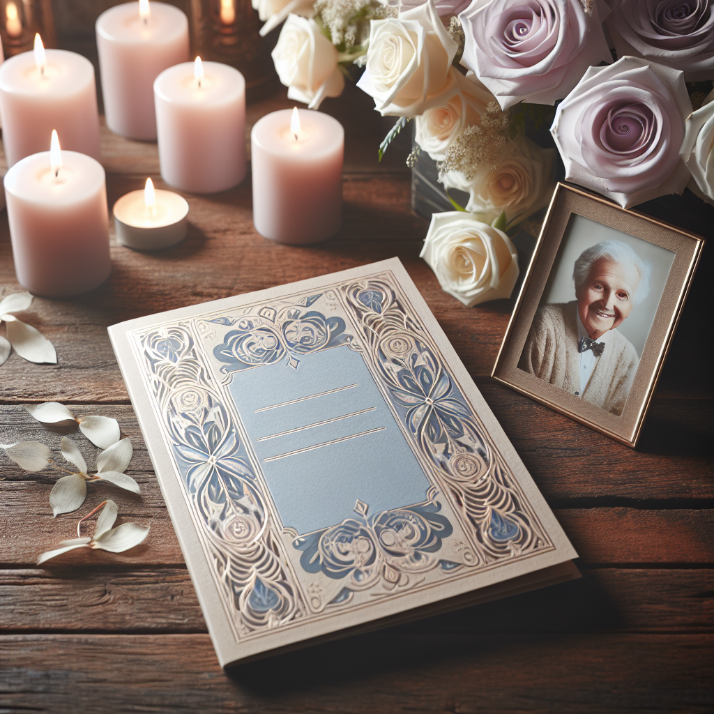 An elegant funeral program with floral designs on a wooden table, decorated with candles and a photo.