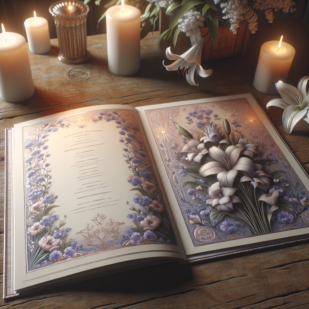 A beautifully designed funeral program on a rustic wooden table with candles and a bouquet of lilies.