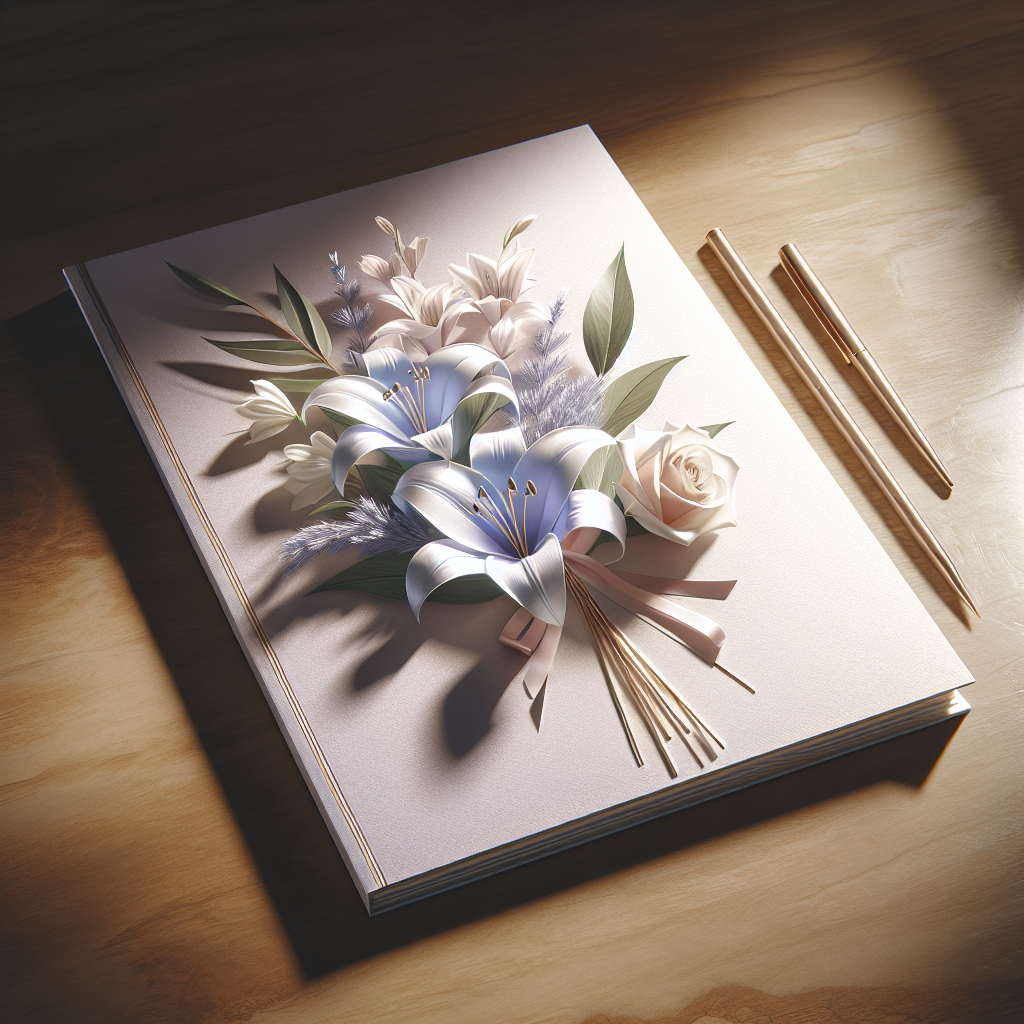 A beautifully designed funeral program with floral accents on a wooden table.