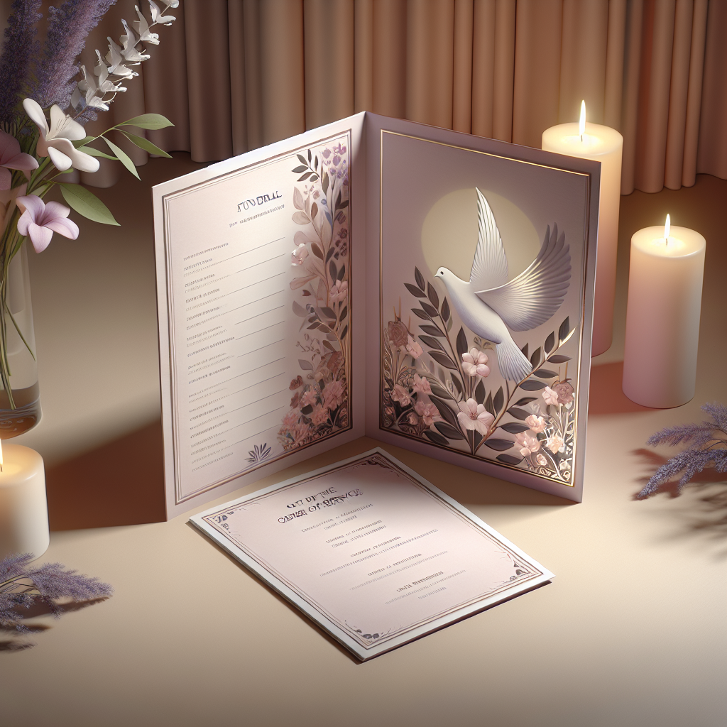 A funeral program display with an elegant folded booklet and floral designs.