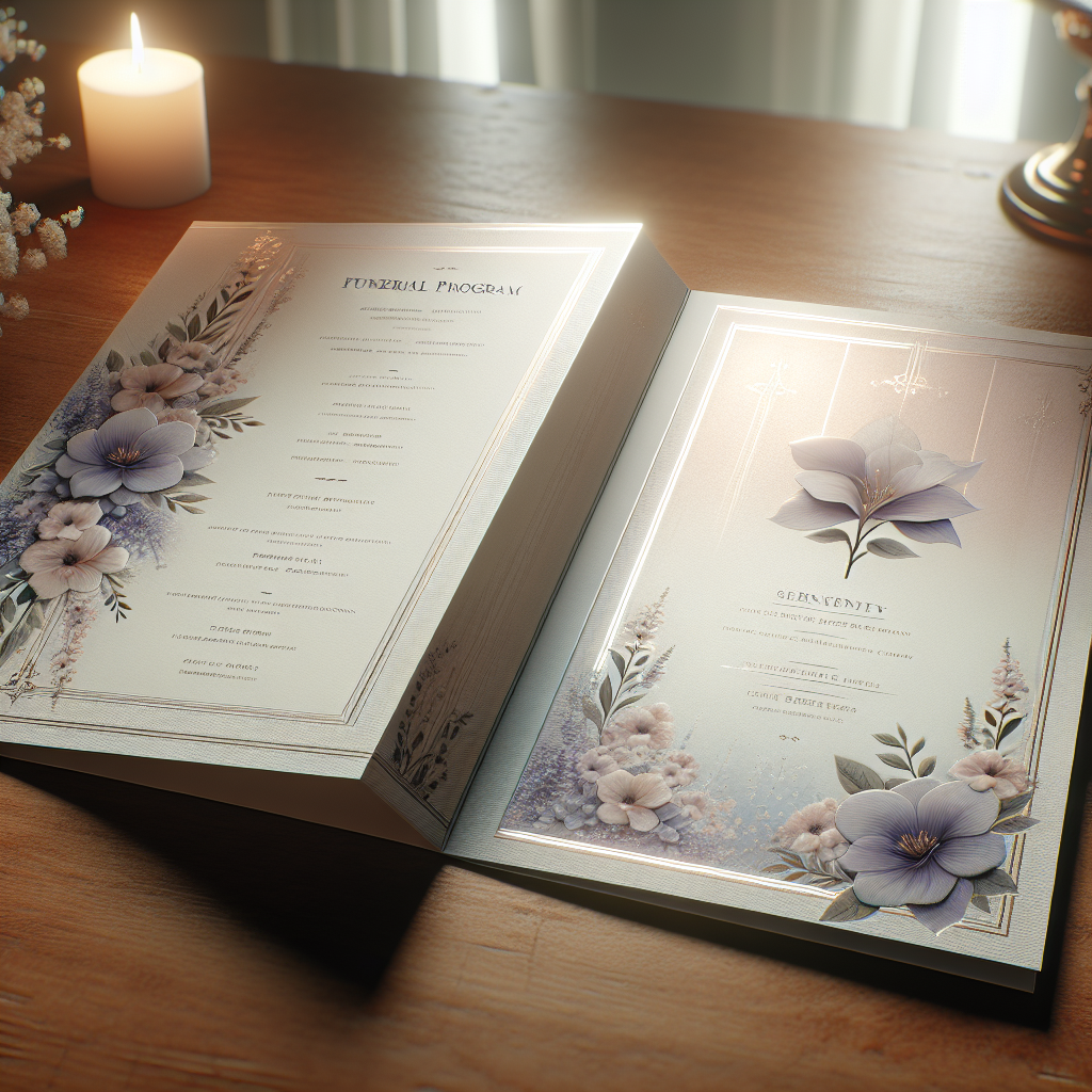 An elegant funeral program displayed on a wooden table.