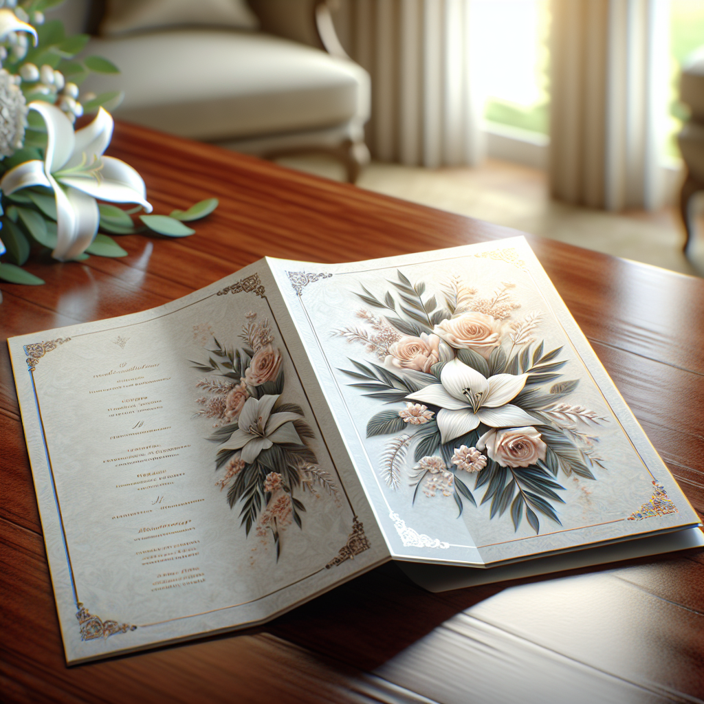 A beautifully designed funeral program on a wooden table with floral motifs.