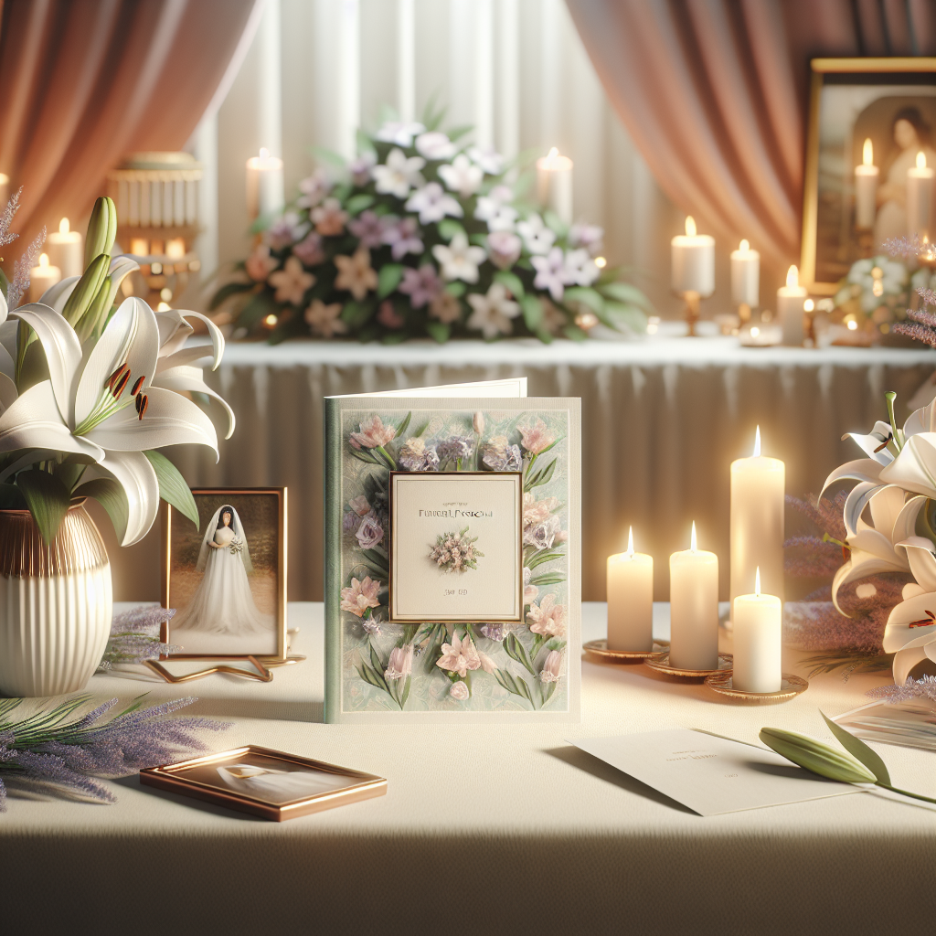 A serene funeral program setup with a beautiful booklet, flowers, and glowing candles.