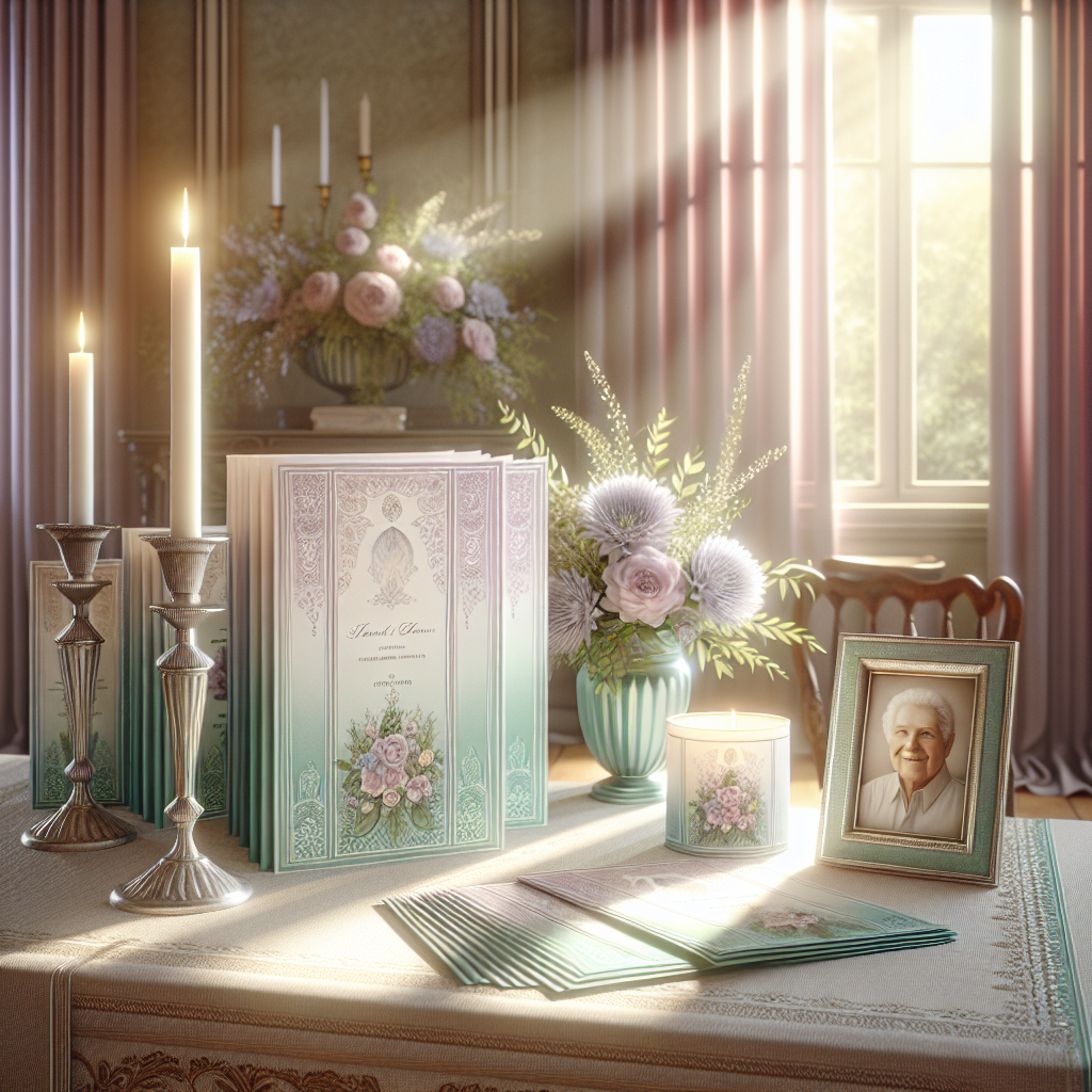 A serene funeral program display on a table with folded pastel-colored programs and a framed photo.