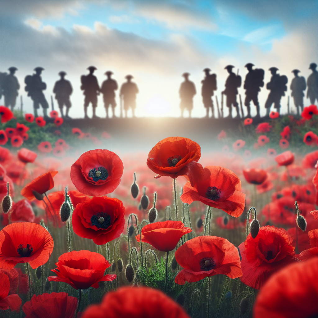 A field of red poppies with silhouettes of soldiers honoring Remembrance Sunday.