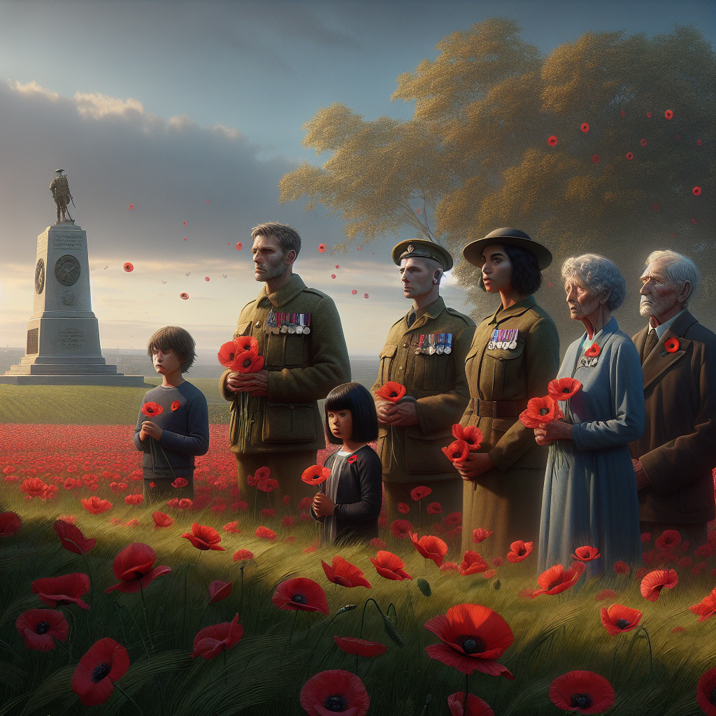 A group of people on Remembrance Sunday holding poppies in a serene outdoor setting.