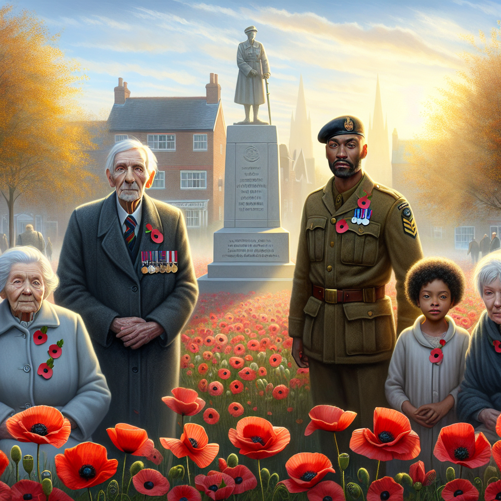 A community gathering for Remembrance Sunday, featuring people wearing poppies and a memorial with poppy flowers in a park.