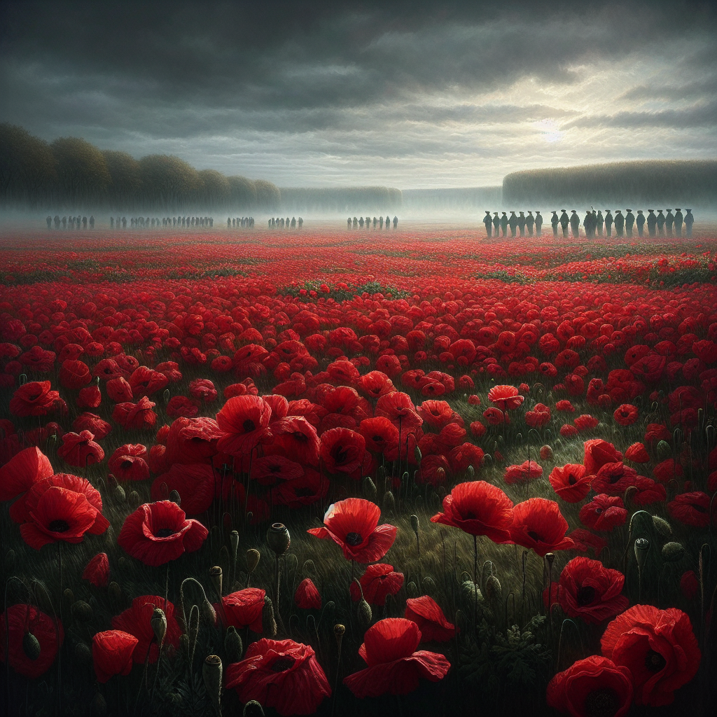 A vibrant field of red poppies swaying gently with a silhouette of soldiers in the background.