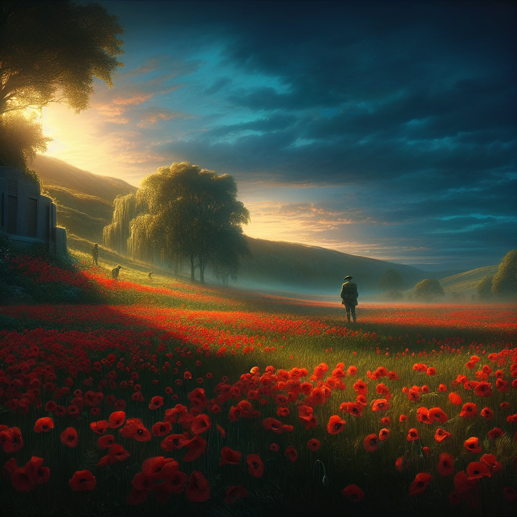 A field of red poppies with a silhouette of a soldier in reflection.