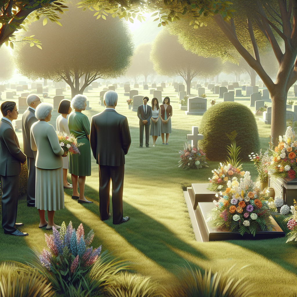 A graveside service with diverse attendees standing around a floral-adorned grave in a serene cemetery.