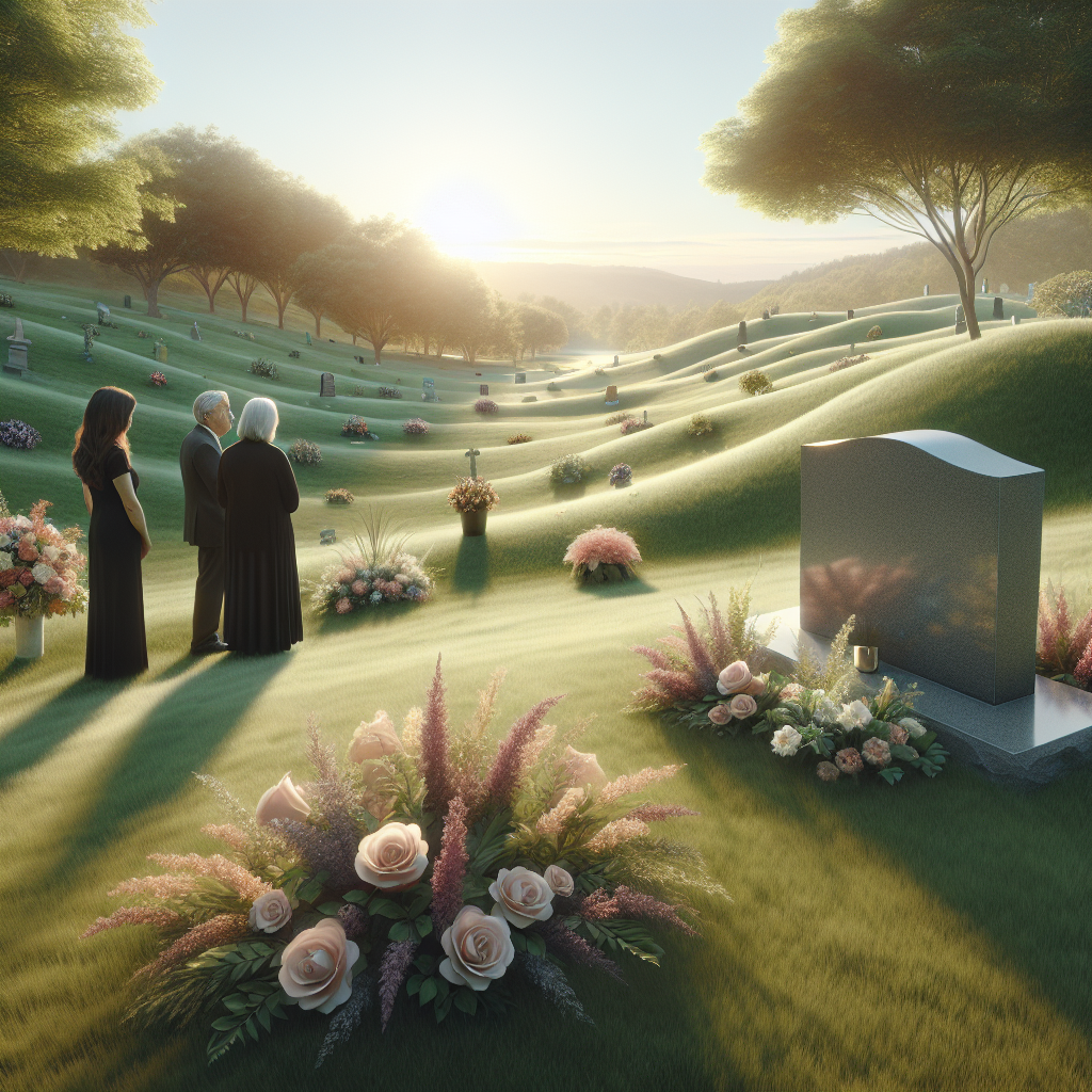 A graveside service scene with a gravestone, flowers, and three individuals reflecting together.