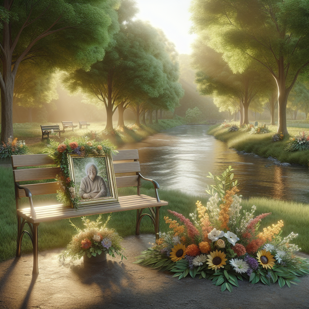 A serene memorial scene by a river with a bench and flowers, promoting reflection and remembrance.