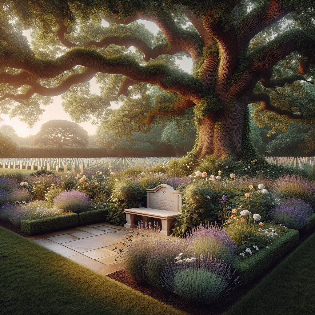 A serene memorial area in a park with a white stone bench surrounded by flowers and a large oak tree.