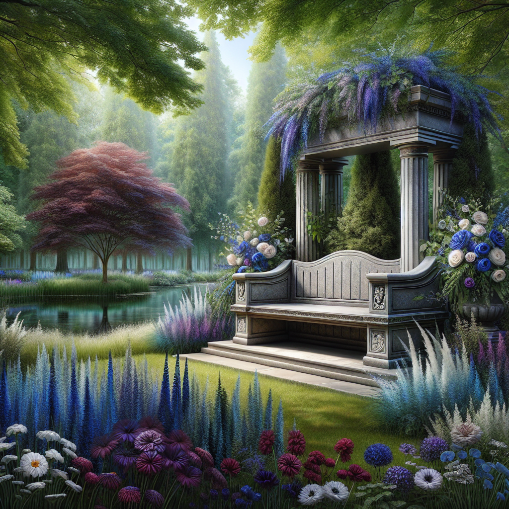 A serene outdoor memorial space with a stone bench surrounded by colorful flowers and trees.