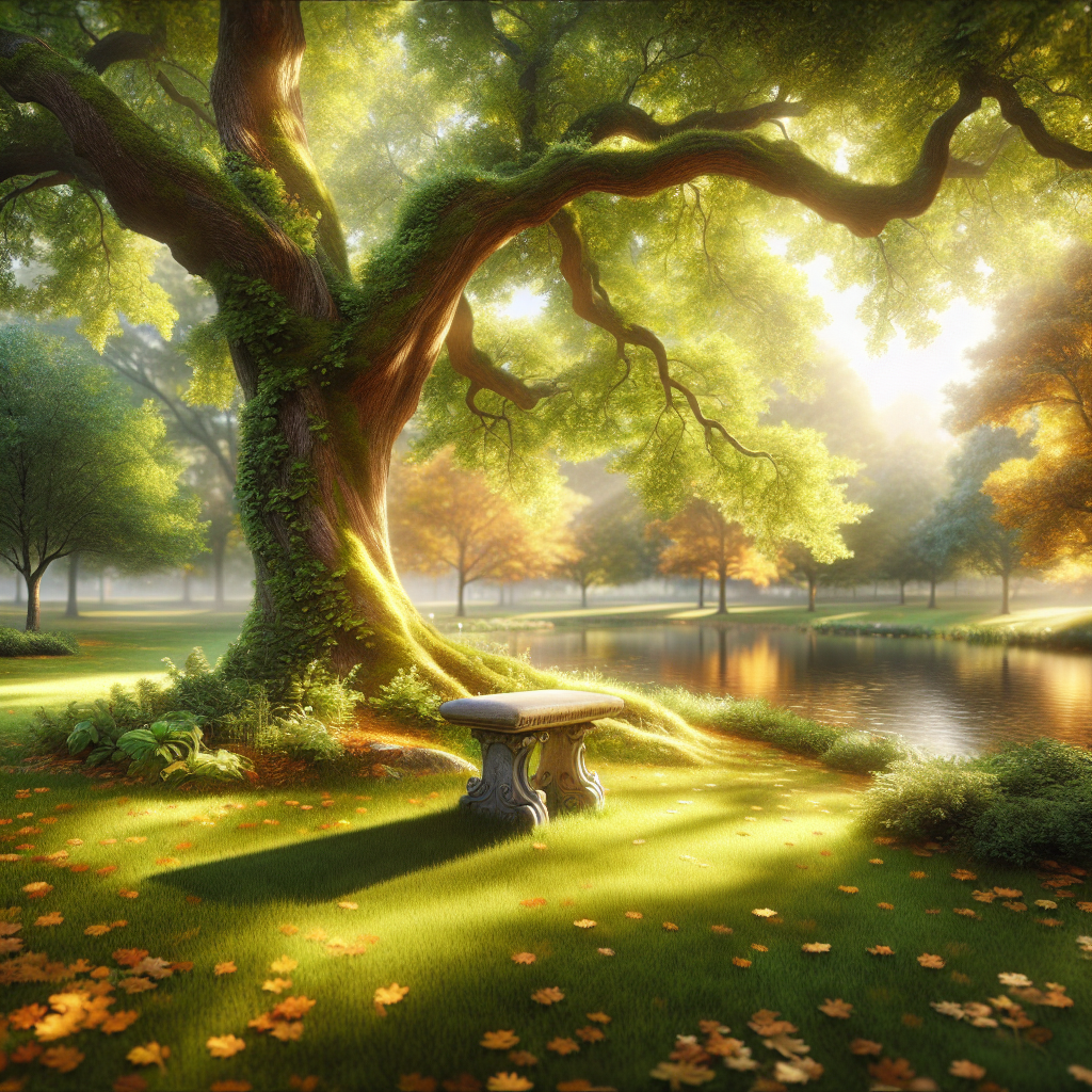 A serene park setting symbolizing remembrance, featuring a stone bench, autumn trees, and a tranquil pond.