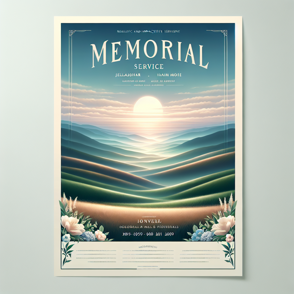 An attractive memorial service poster featuring a peaceful landscape with floral borders.