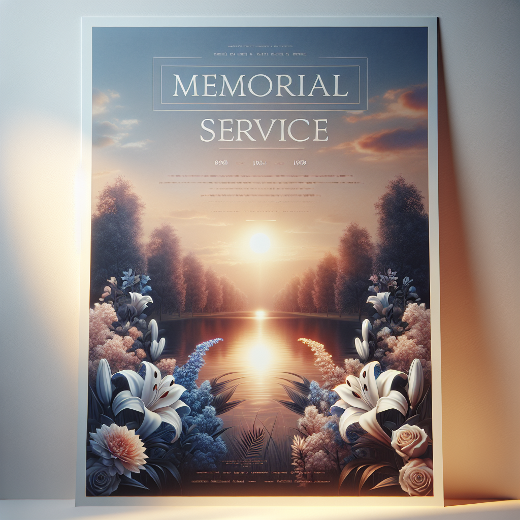 A beautifully designed memorial service poster with a serene garden in the background.