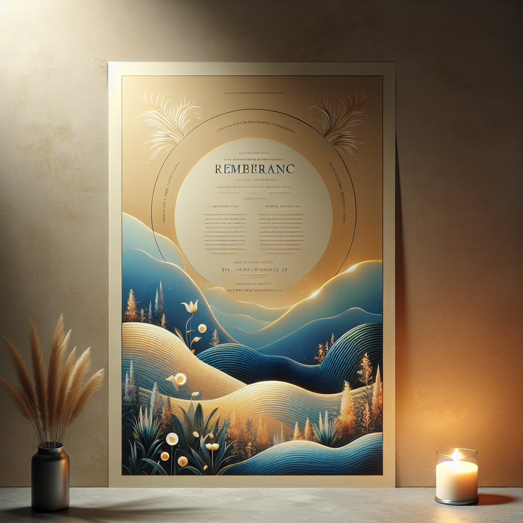 A beautifully designed poster for a memorial service, featuring elegant typography and soft floral imagery.