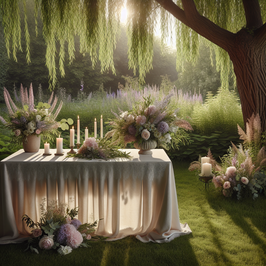 A serene memorial setting in a lush garden with a table of flowers and candles.