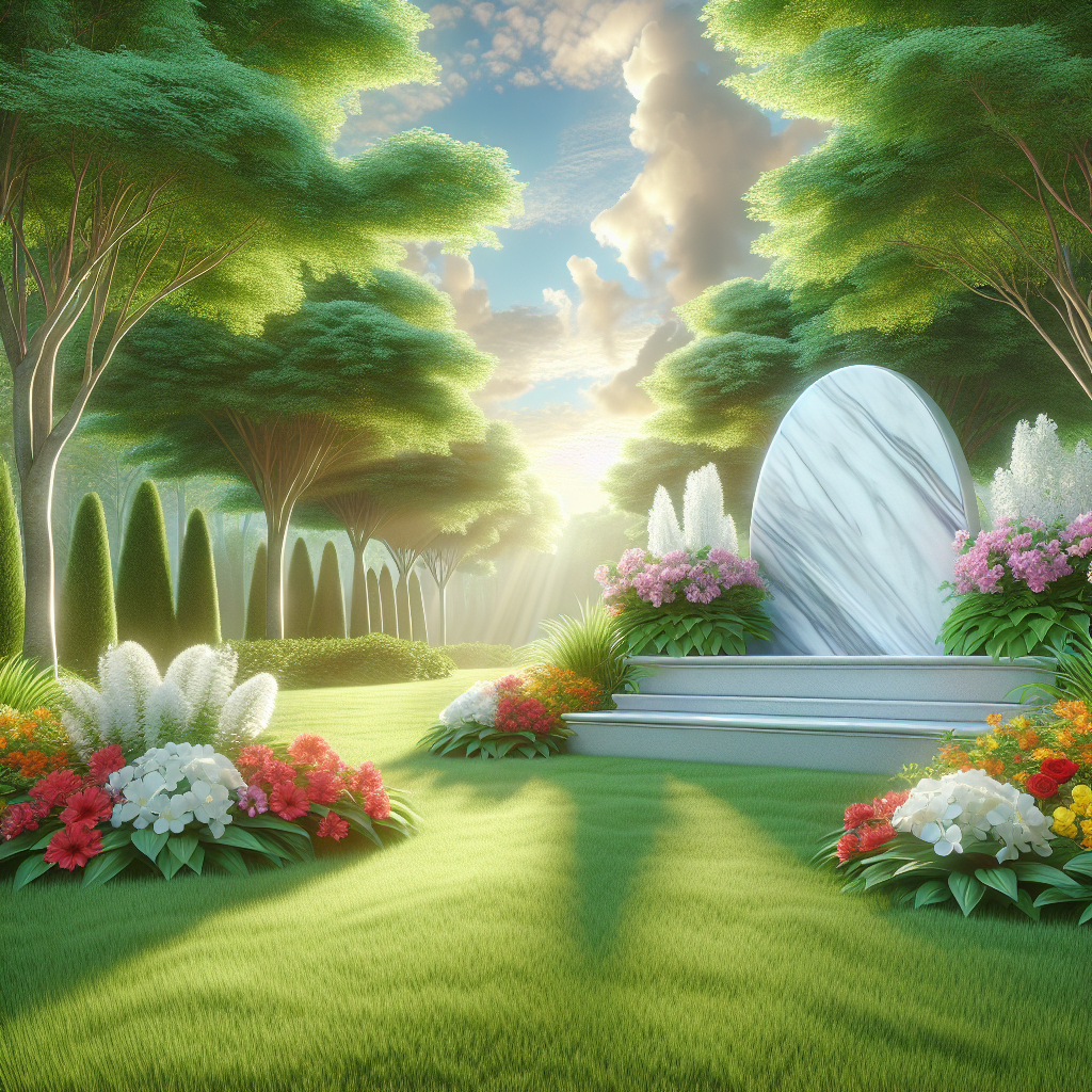 A serene memorial setting in a park with a white marble memorial stone surrounded by flowers.