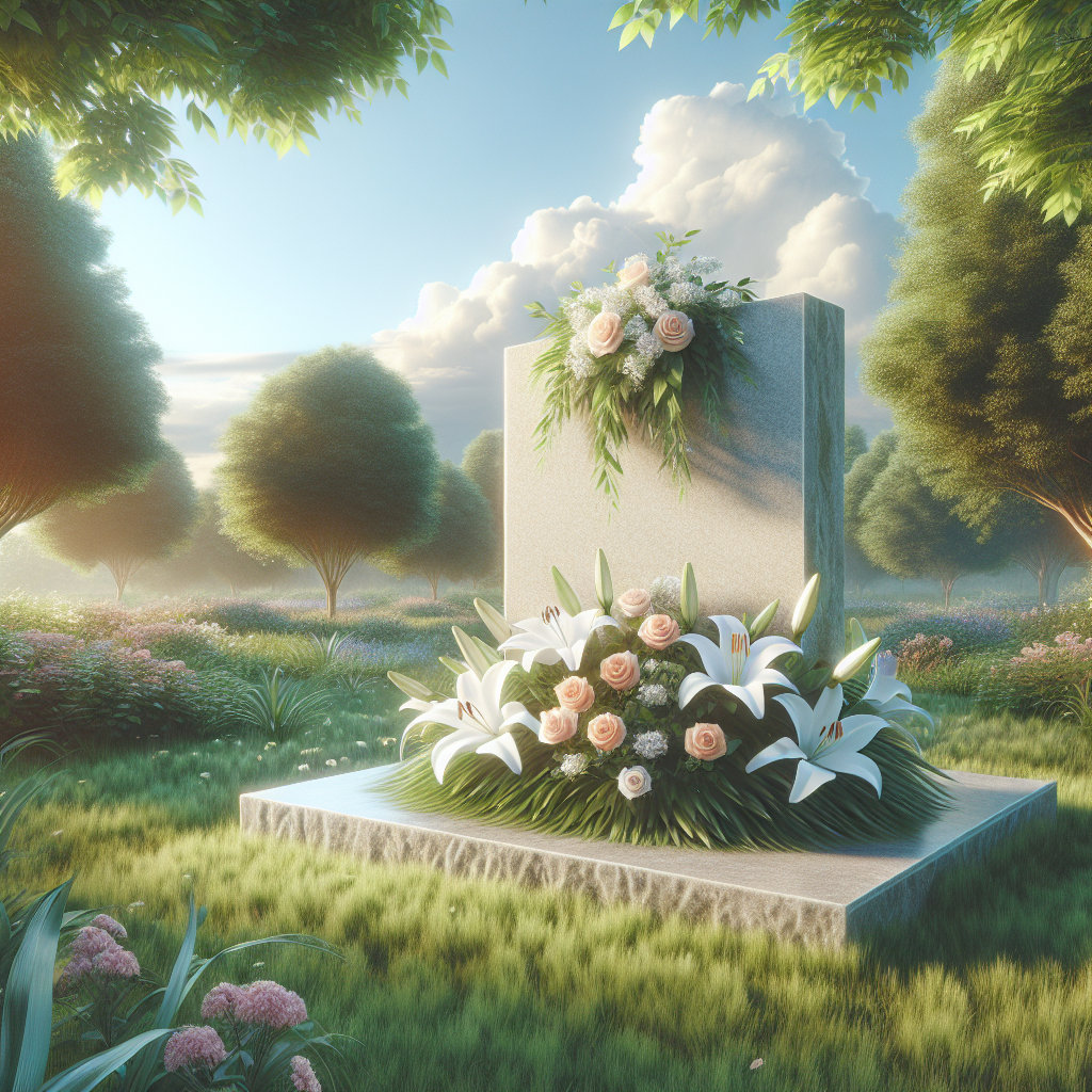 A serene outdoor memorial site with a stone monument and flowers.