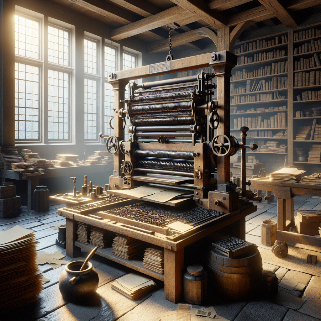 An early printing press in a 15th-century workshop.