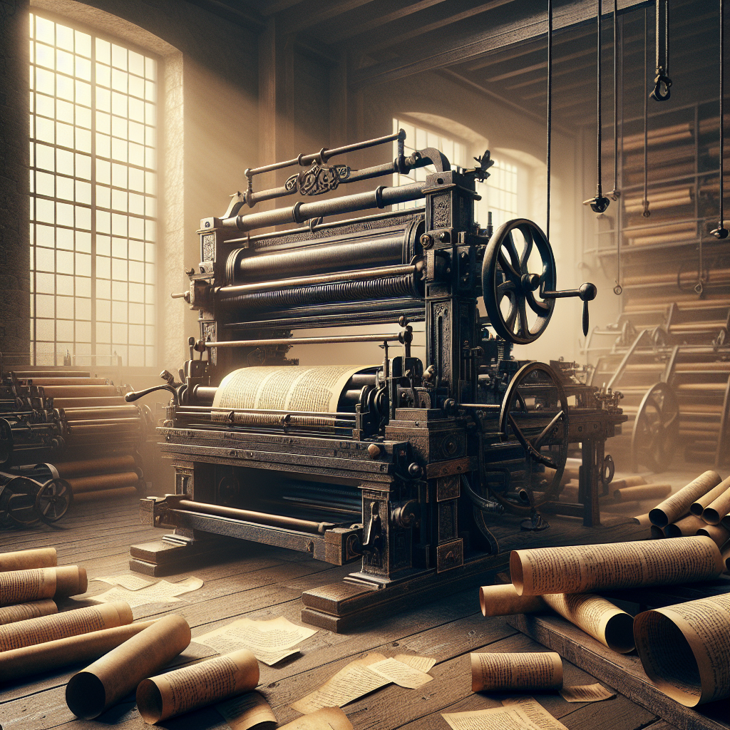 An ancient printing press in a dimly lit workshop, illustrating the historical impact of printing technology.