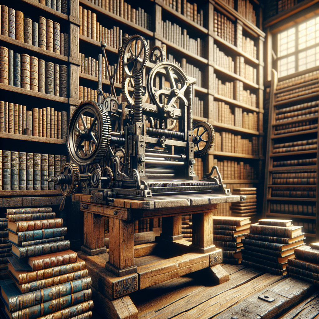 An antique wooden printing press surrounded by books of various sizes and colors, illuminated by natural light.