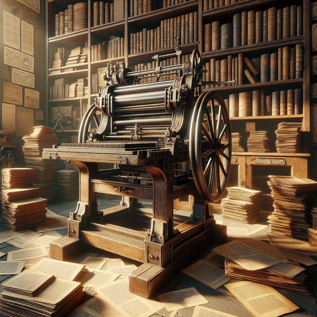 An old-fashioned printing press in a workshop with scattered pages and old books.