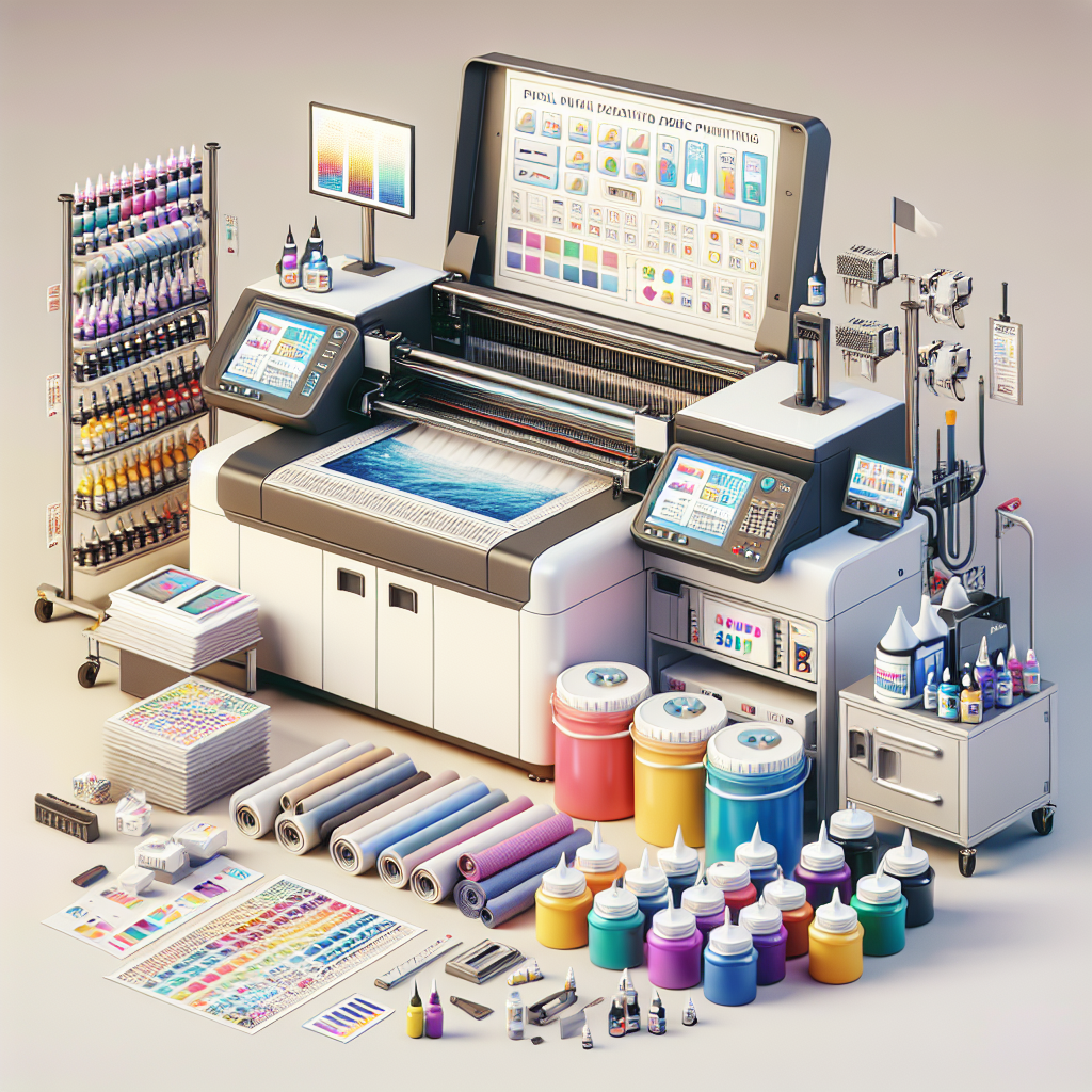 A realistic depiction of a digital fabric printing setup, inspired by a reference photograph.