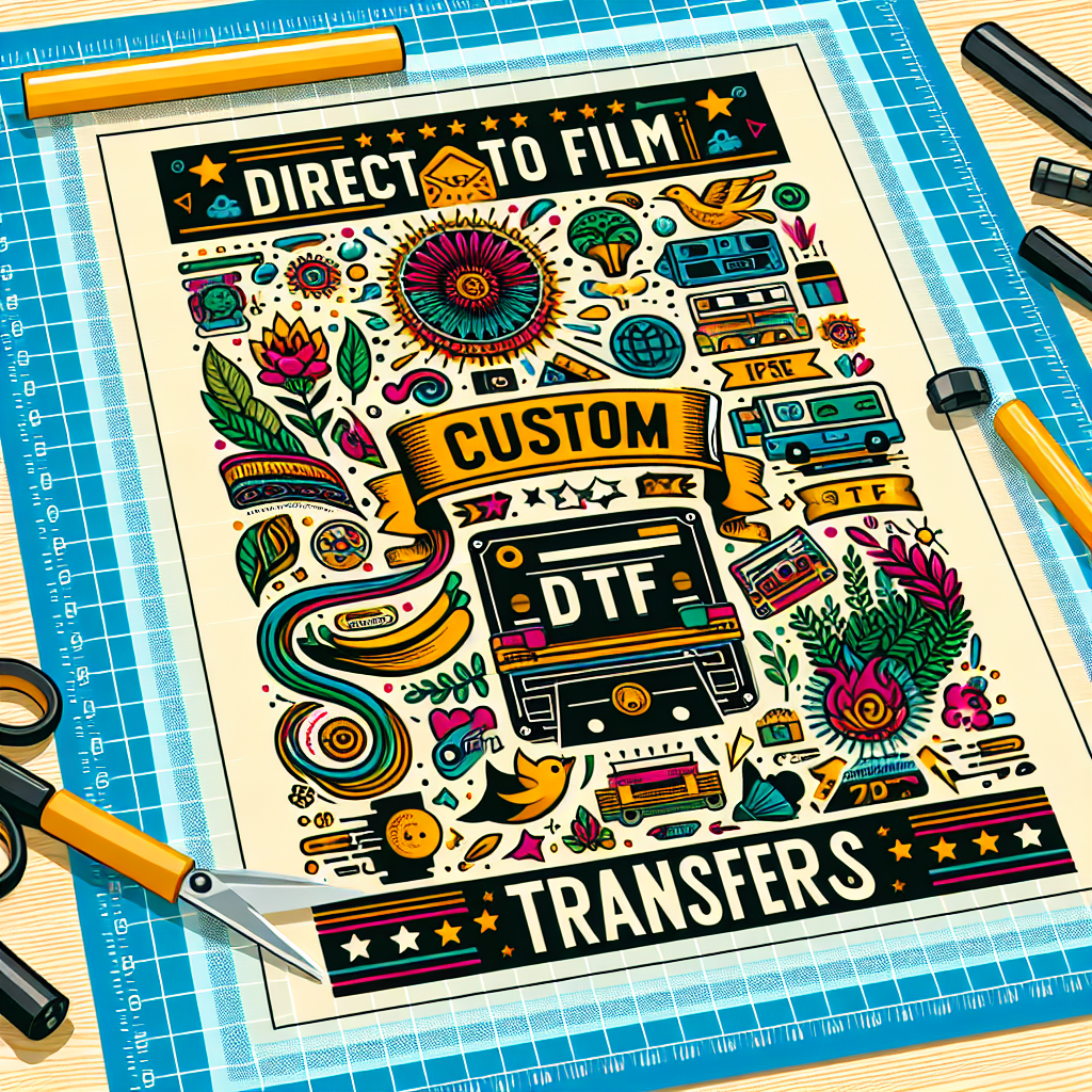 Custom DTF transfers on a clear film sheet with colorful graphics and text designs.