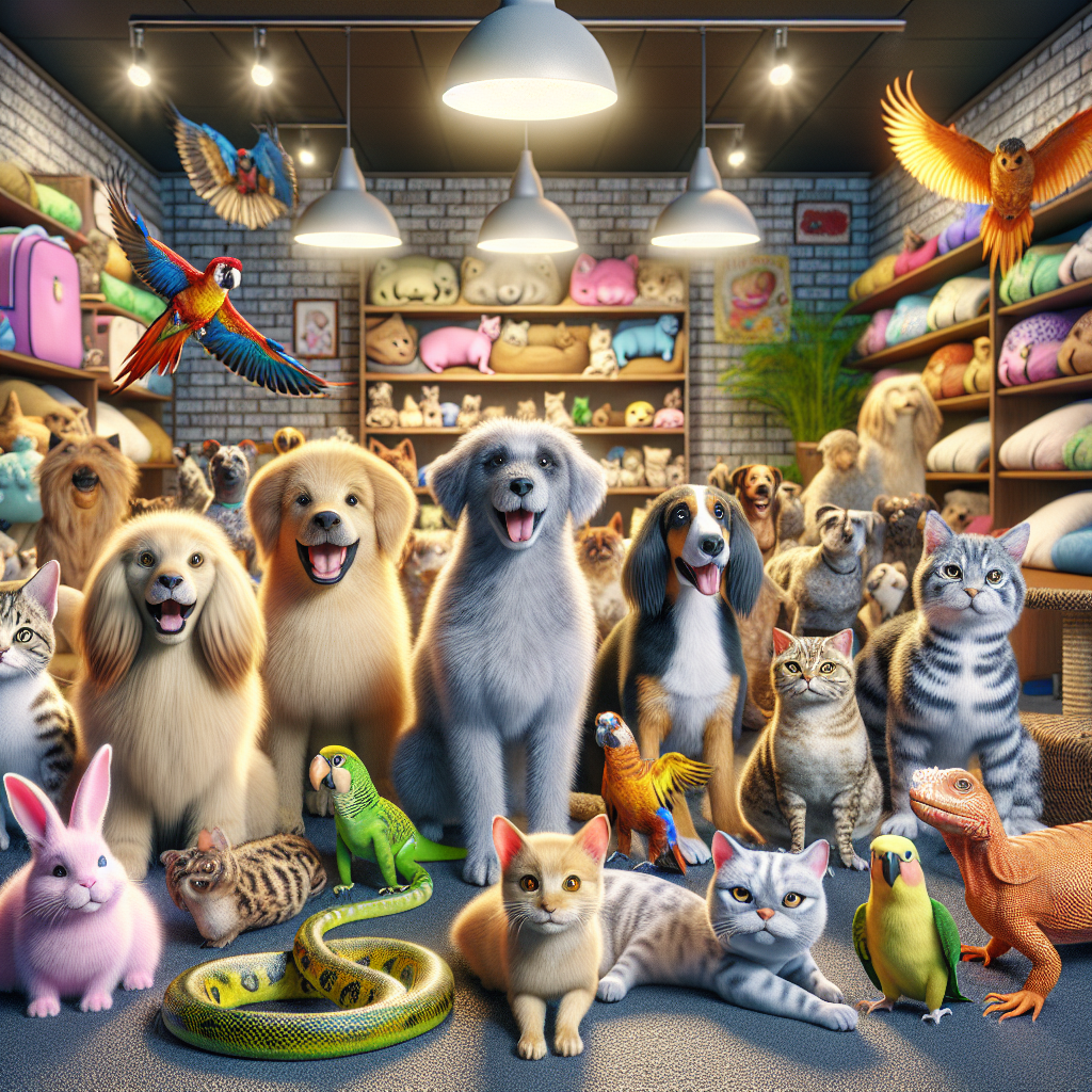 A group of happy, healthy pets of diverse species in a Petco store surrounded by pet supplies.