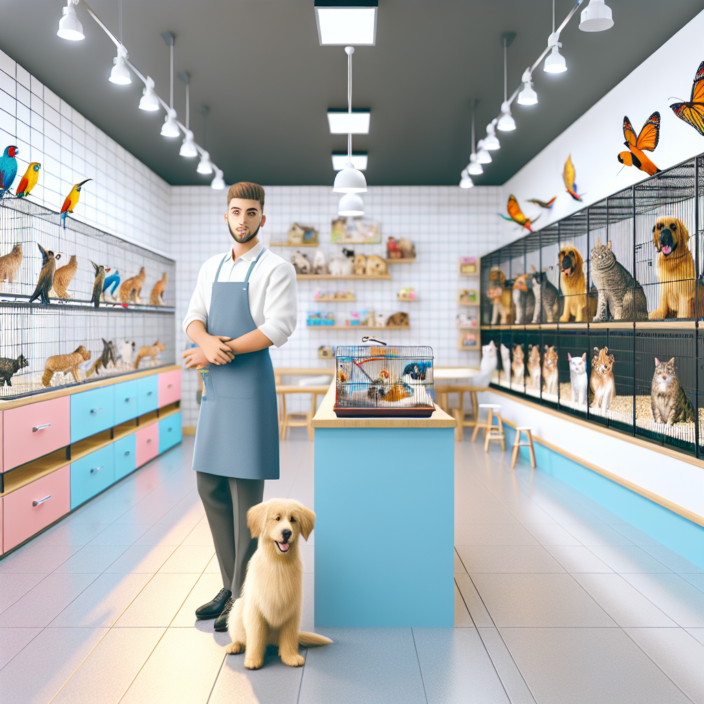 Interior of a Petco store with an employee assisting a customer, various pets, pet supplies, and grooming stations.