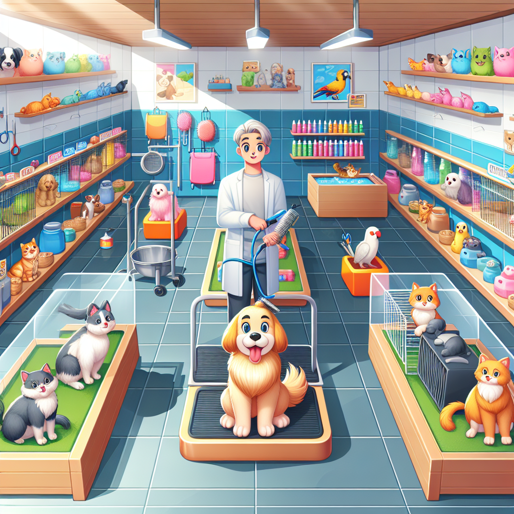 A bright, realistic scene of a well-maintained pet store with a dog being groomed in the middle, surrounded by various healthy pets and well-stocked shelves of supplies.