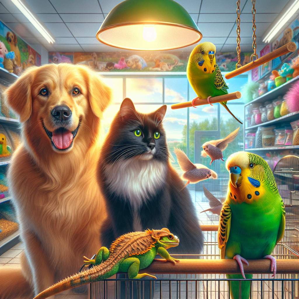 A group of various happy pets inside a Petco store, including a golden dog, a black cat, a green parakeet, and an orange bearded dragon, surrounded by pet supplies.