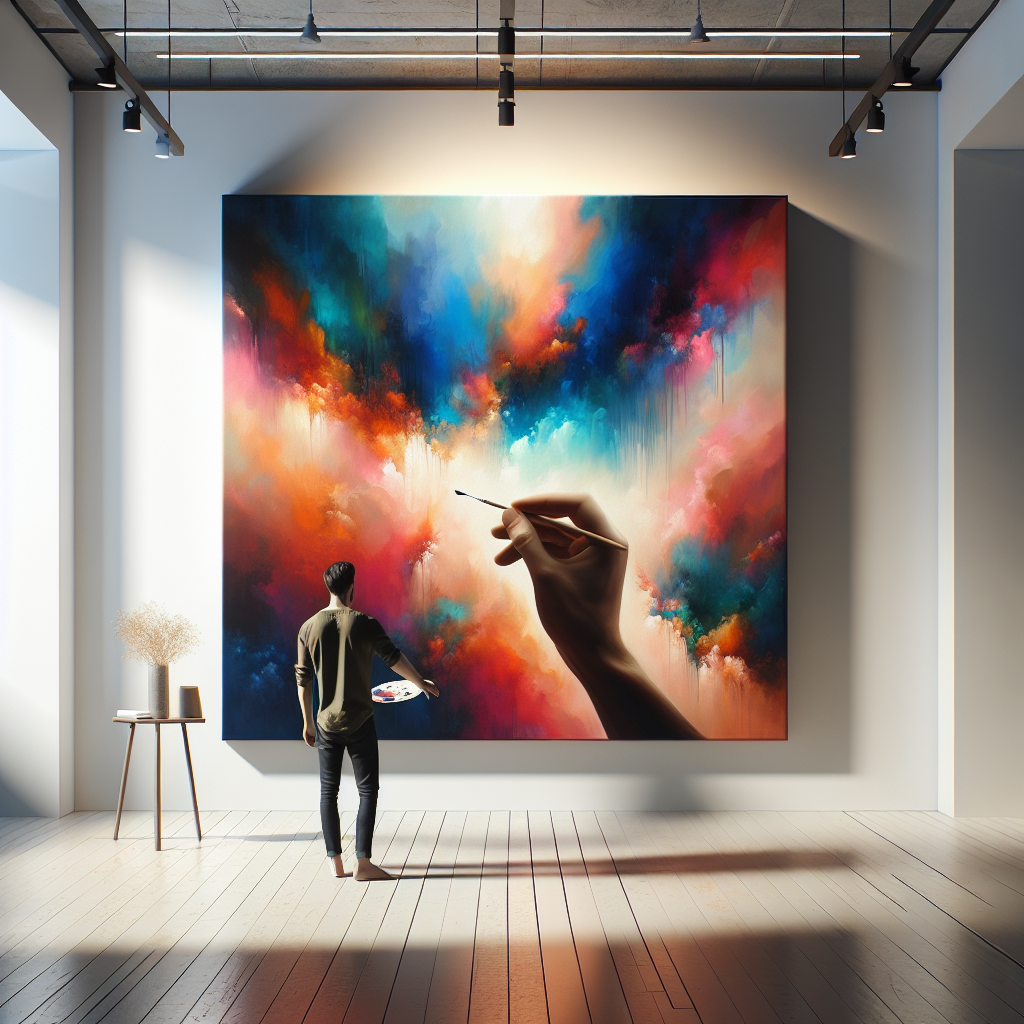 An artist's hand adding a brushstroke to an abstract canvas in a gallery setting, symbolizing print on demand wall art services.