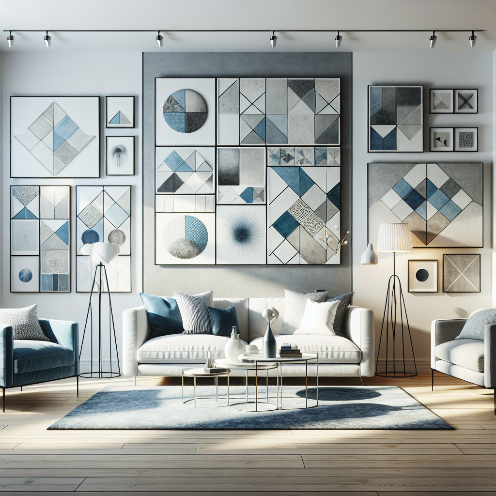 Modern room with wall art canvases featuring abstract geometric patterns, complemented by modern furniture.