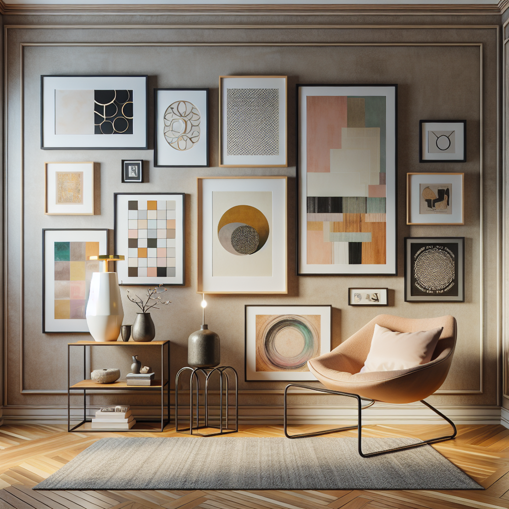 An elegantly designed room with a wall featuring diverse frames of print on demand wall art.