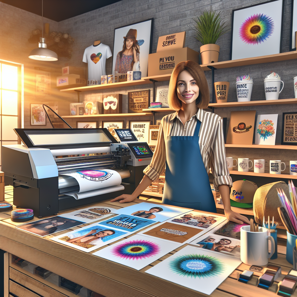 A print-on-demand service shop interior with a smiling assistant and a variety of customizable merchandise.
