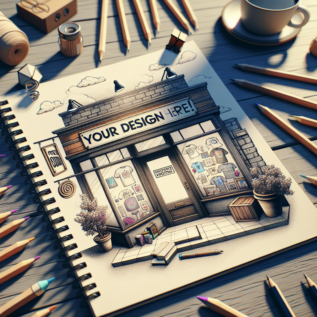 Artist's sketchbook with a print-on-demand service concept, on a wooden table with art supplies and coffee.