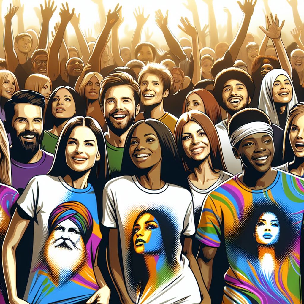 Diverse group of smiling people wearing custom-designed print-on-demand t-shirts with unique patterns, representing a global community.